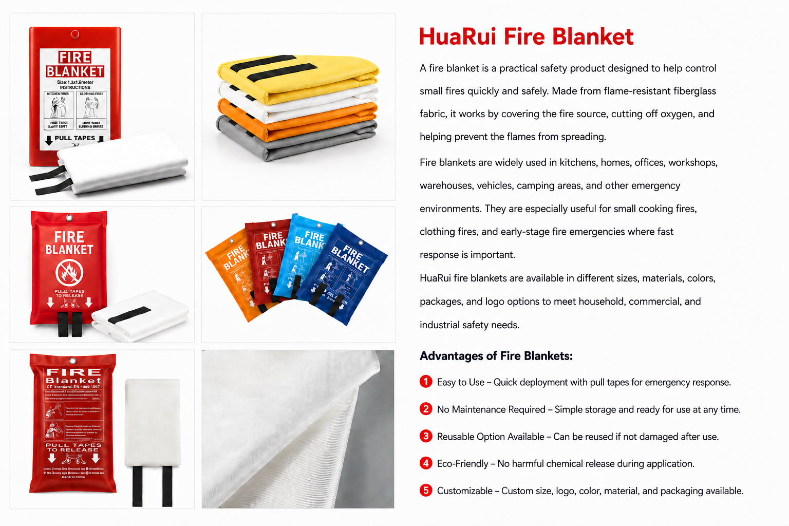 HuaRui fire blanket made of flame-resistant fiberglass fabric for extinguishing small fires by cutting off oxygen, suitable for kitchen, home, office, workshop, and emergency use.