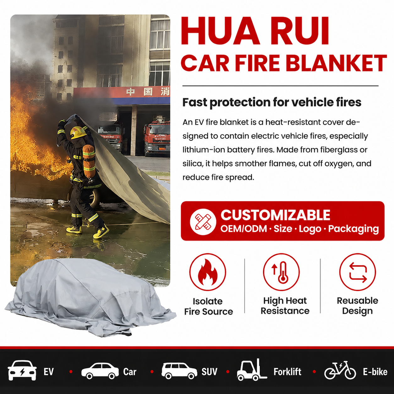 HuaRui car fire blanket for electric vehicles, fast protection for vehicle fires including EV, car, SUV, forklift, and e-bike. Made of heat-resistant fiberglass or silica to isolate fire source, cut off oxygen, and featuring reusable design with customizable options.