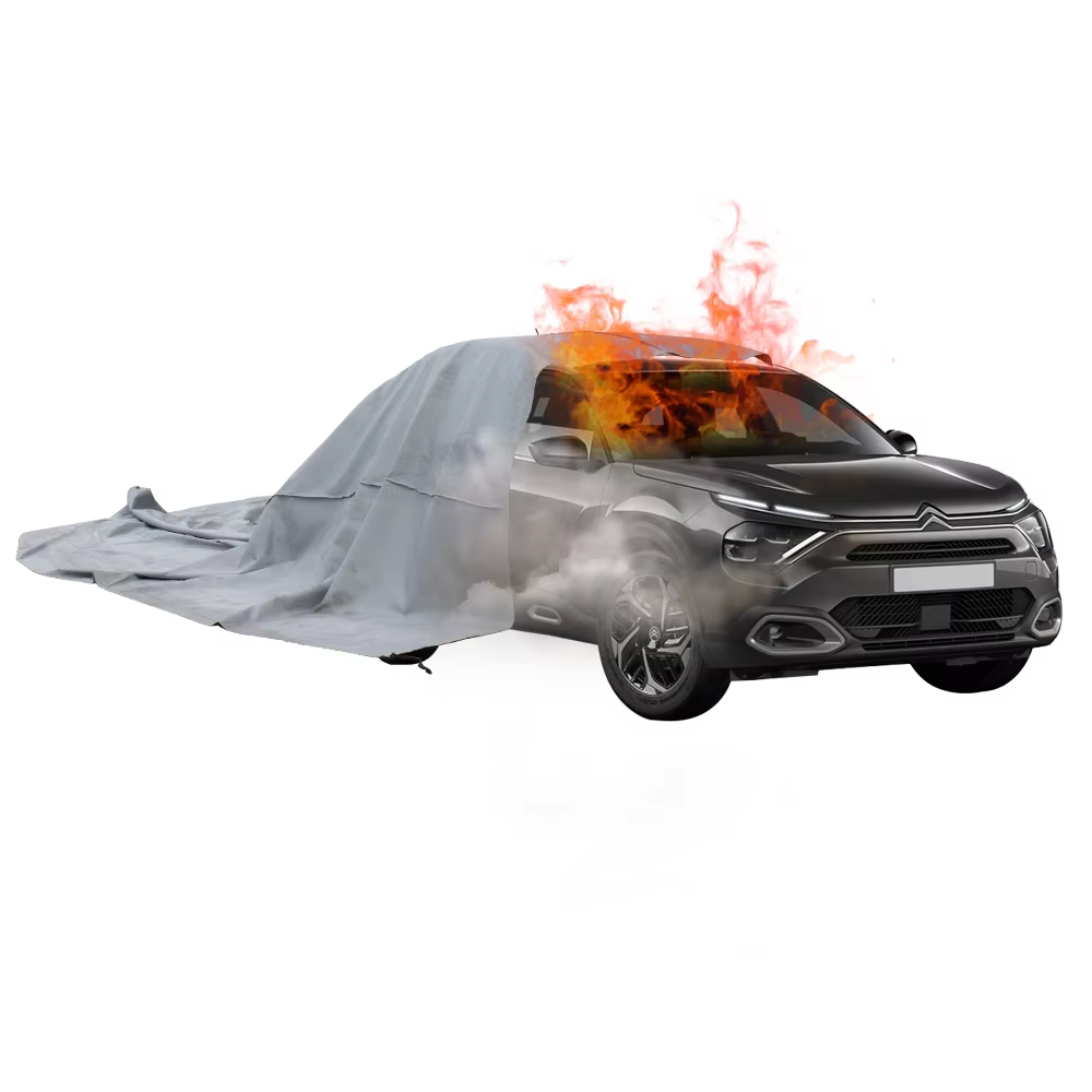 Car fire blanket covering a burning vehicle to suppress flames