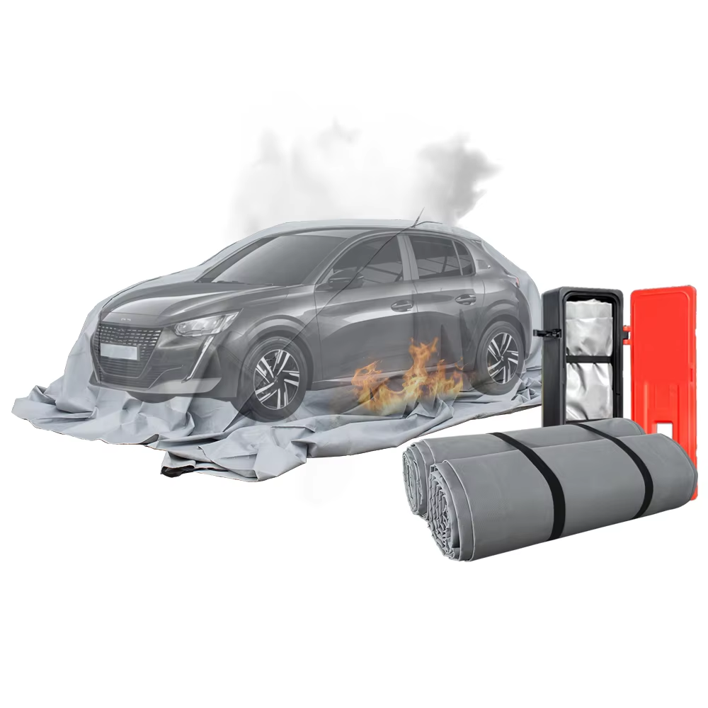 Car fire blanket covering a vehicle to suppress flames and prevent fire spread