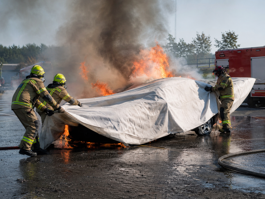 Firefighters using a large car fire blanket to cover a burning vehicle, with flames, smoke, fire hoses, and an emergency response truck in the background.