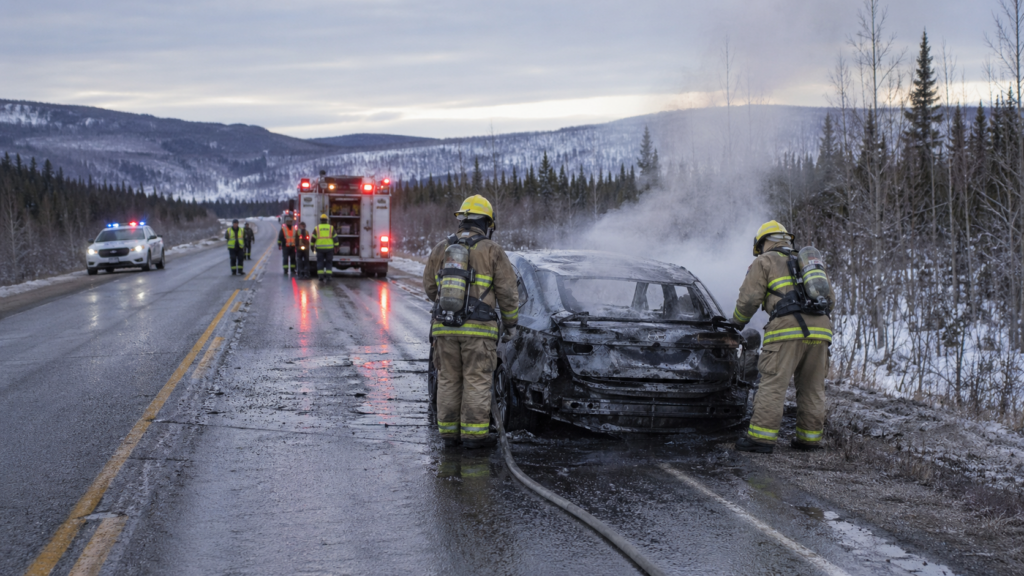 An electric vehicle fire on a roadside, showing why EV fire blankets are important for highway emergency response.