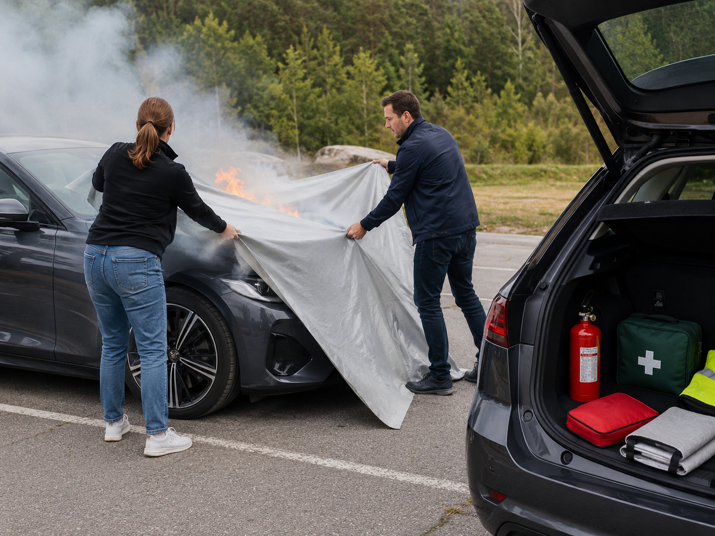 Two people deploy a large car fire blanket over a smoking vehicle while emergency safety equipment is visible in an open trunk nearby.