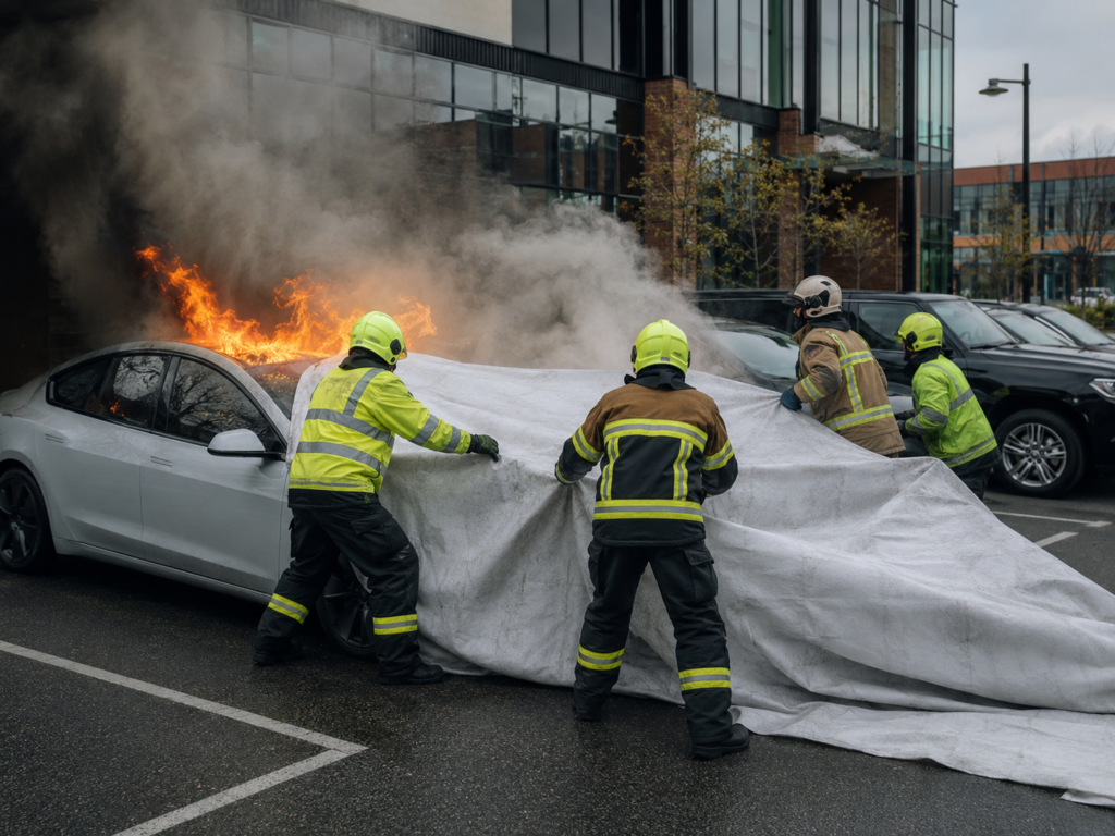 Emergency responders deploying a large car fire blanket over a burning vehicle in a parking area to contain flames, smoke, and fire spread.