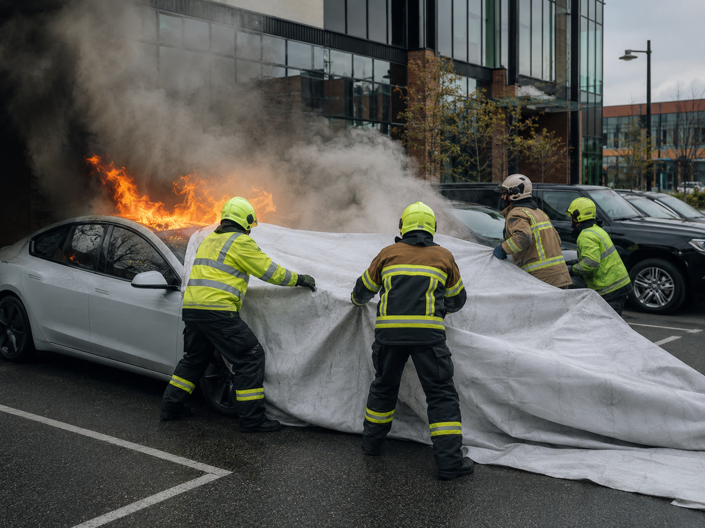 Emergency responders deploying a large car fire blanket over a burning vehicle in a parking area to contain flames, smoke, and fire spread.