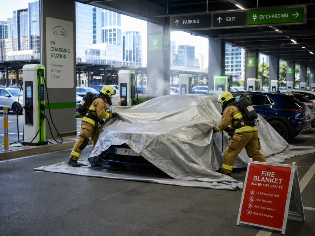 Emergency responders deploy a large EV fire blanket over a smoking electric vehicle at a modern EV charging station in an urban parking facility.