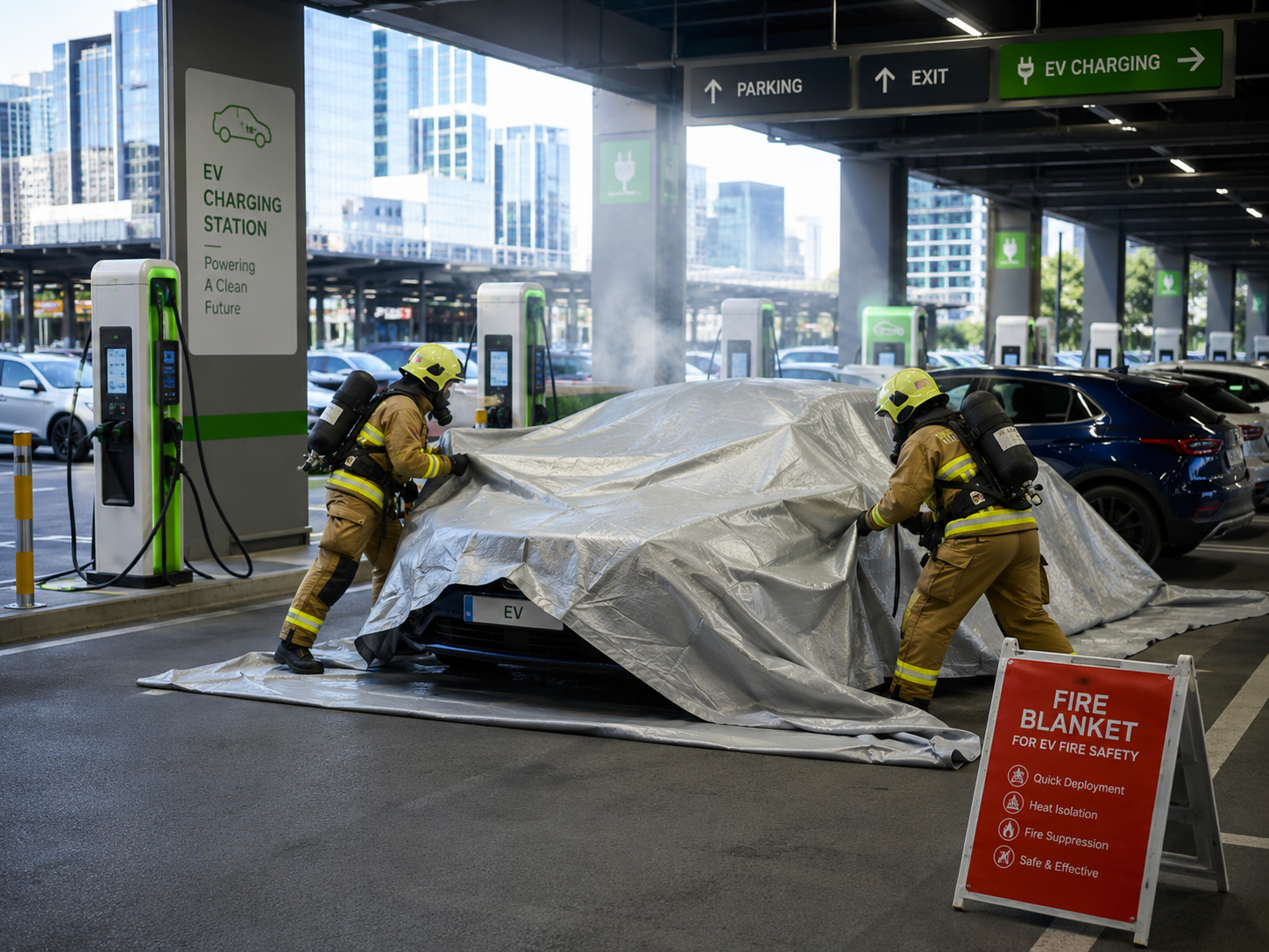 Emergency responders deploy a large EV fire blanket over a smoking electric vehicle at a modern EV charging station in an urban parking facility.
