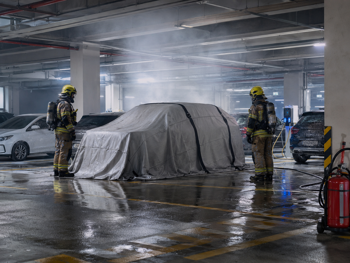 Firefighters monitor a car fully covered with a gray vehicle fire blanket in an indoor parking garage, with light smoke, nearby parked vehicles, EV charging equipment, and emergency tools visible, showing car fire containment and backup safety response.