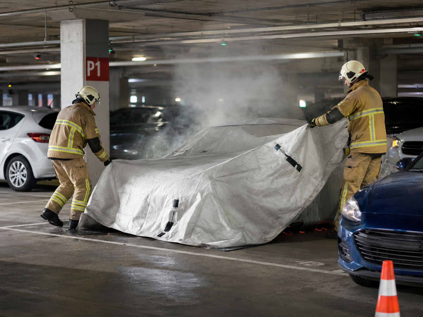 Firefighters deploy a large car fire blanket over a smoking vehicle in an indoor parking garage to control fire spread and improve emergency safety.