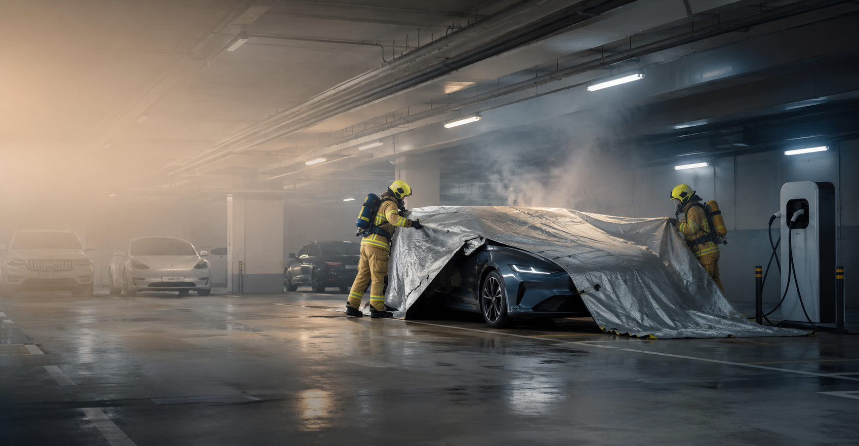Car fire blanket being used by firefighters to contain an electric vehicle fire in a parking garage near an EV charging station, highlighting EV fire safety and vehicle fire protection.
