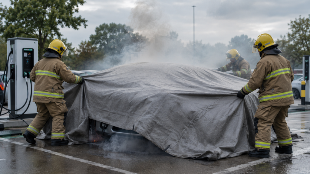 Firefighters using an EV fire blanket to contain a smoking electric vehicle fire at an electric vehicle charging station