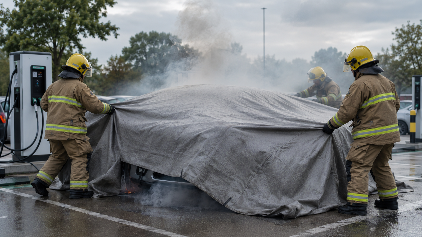 Firefighters using an EV fire blanket to contain a smoking electric vehicle fire at an electric vehicle charging station