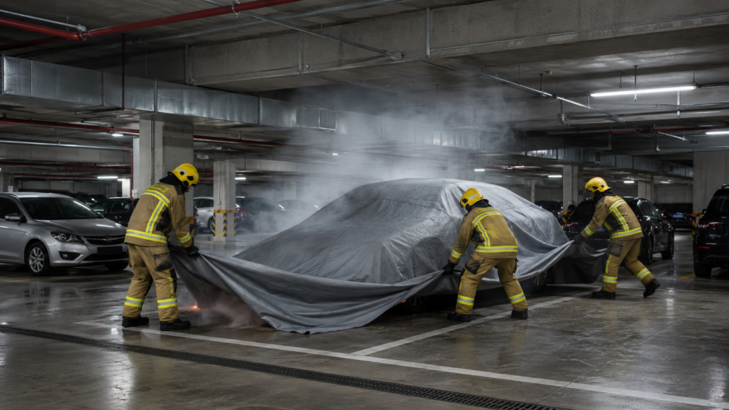 Firefighters deploying a large vehicle fire blanket over a smoking car in an underground parking garage to contain flames and protect nearby vehicles.