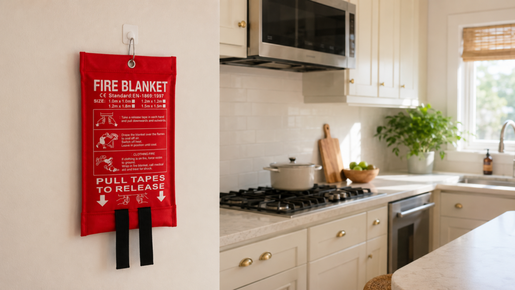 A fire blanket hung on the kitchen wall for emergencies
