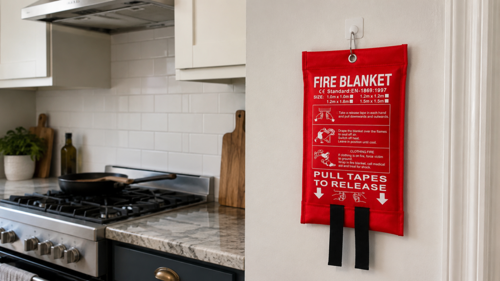 A fire blanket hung on the wall for emergencies