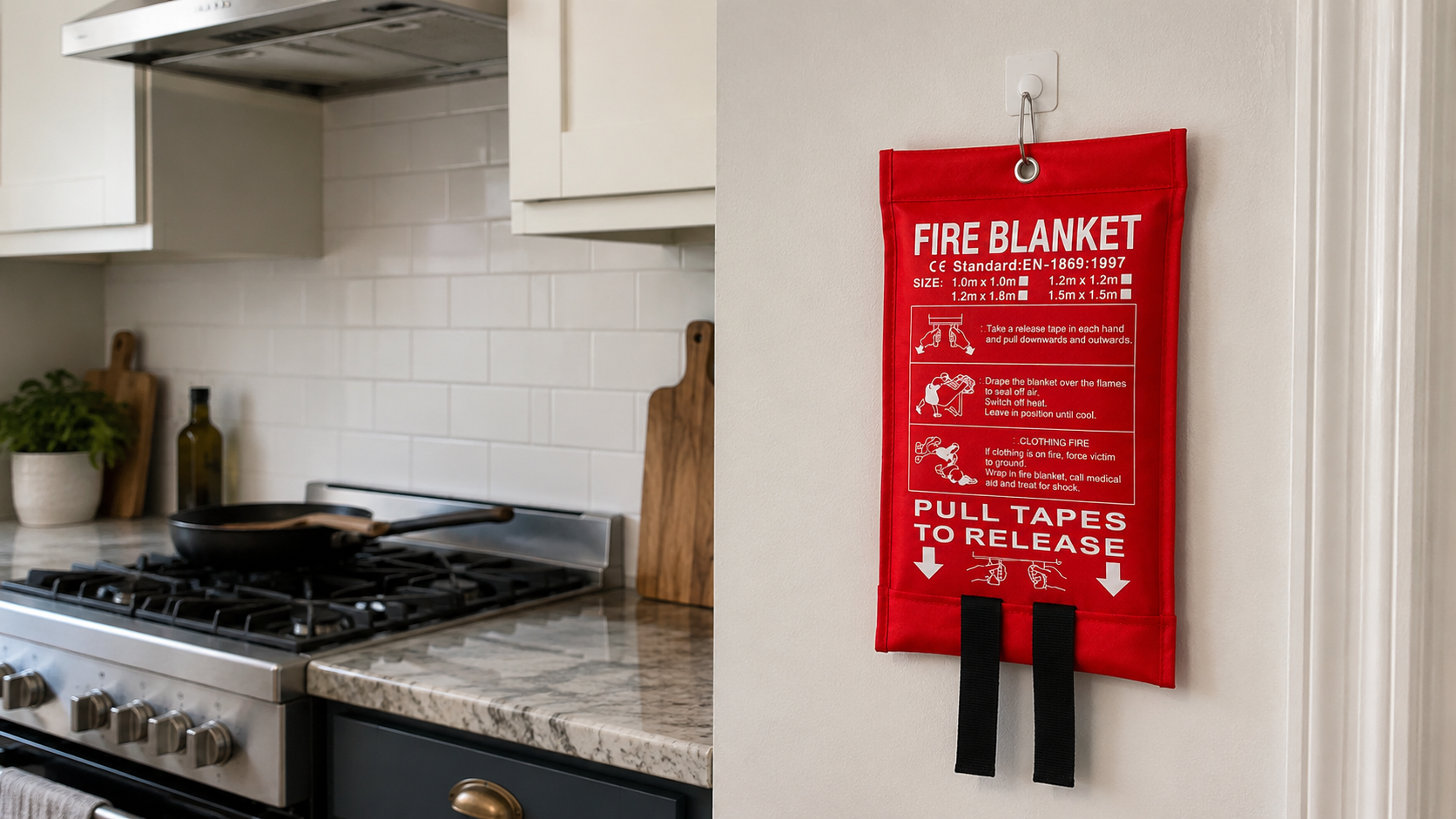 A fire blanket hung on the wall for emergencies