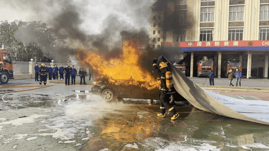 Firefighters used a vehicle fire blanket to extinguish a burning tram
