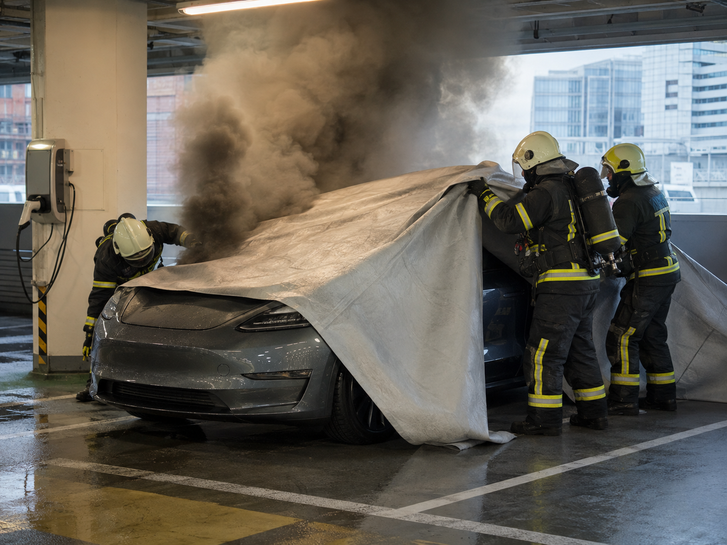 Firefighters deploying an EV fire blanket over a smoking electric vehicle in a parking garage to help contain the fire and reduce fire spread.